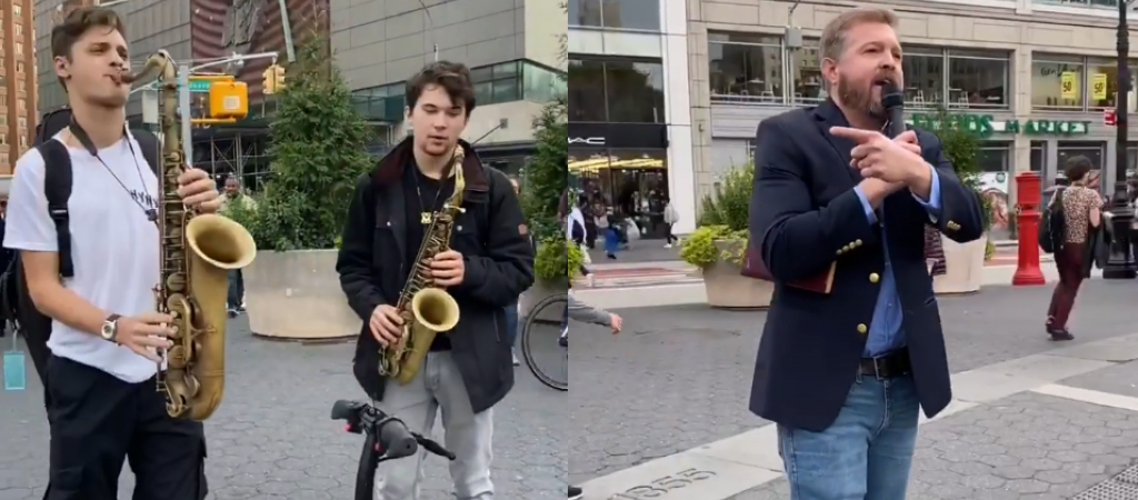 Straßenmusiker übertönen homophoben Prediger